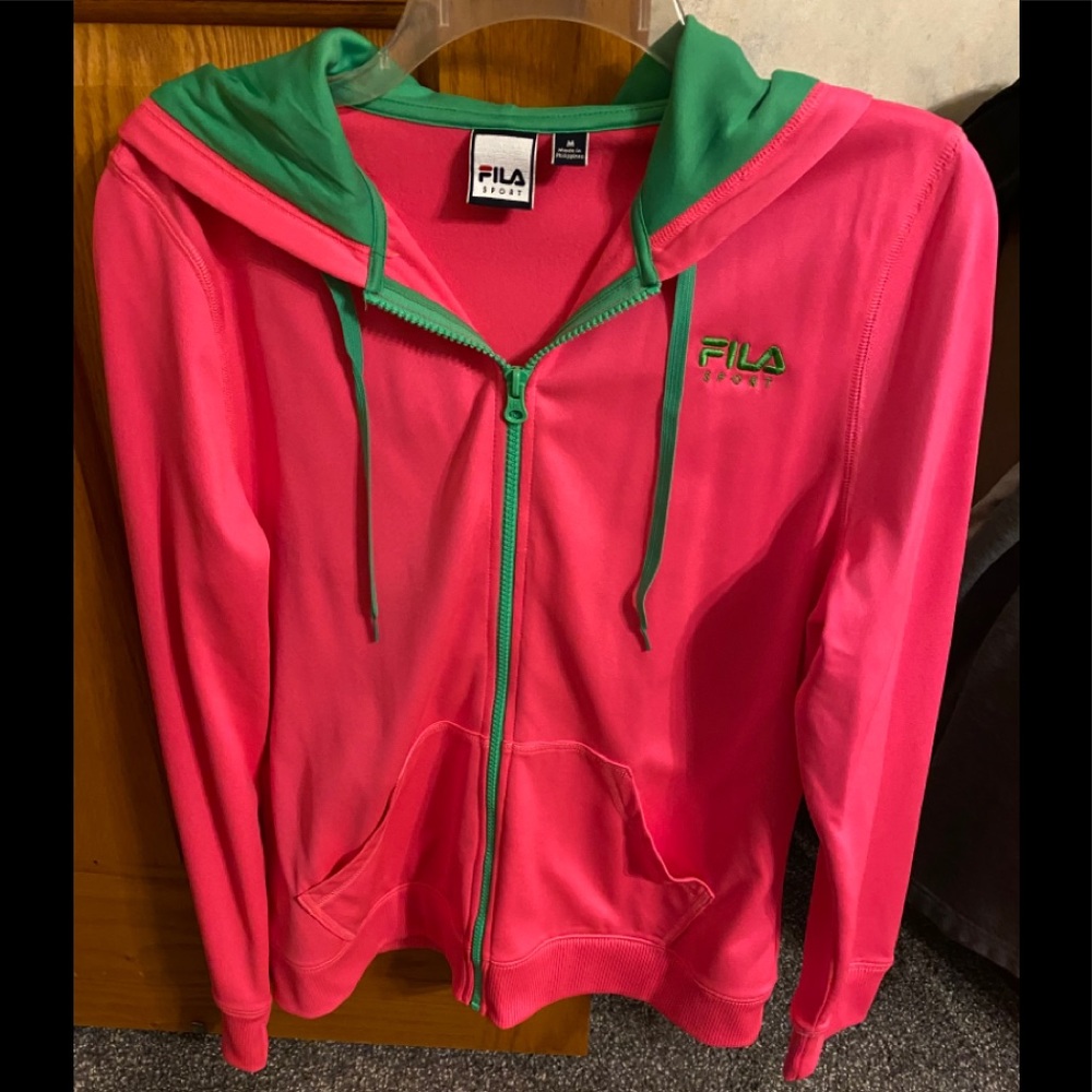 Hot pink hooded sweatshirt.